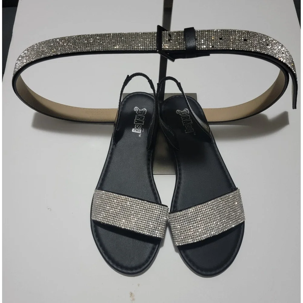 Brash Black Rhinestone Slingback Flat‎ Sandals and Matching Belt Set Sz 8 L Belt